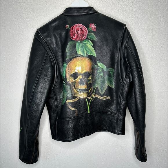 Libertine Hand-Painted Floral Skull Black Leather Moto Jacket M - Picture 2 of 16